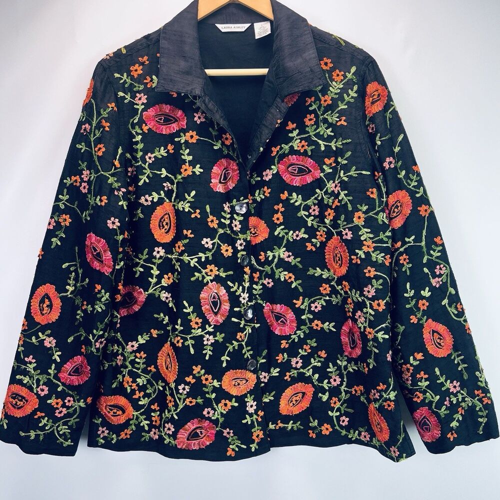 Laura Ashley Black Embroidered Silk Jacket Floral Button Front Size L